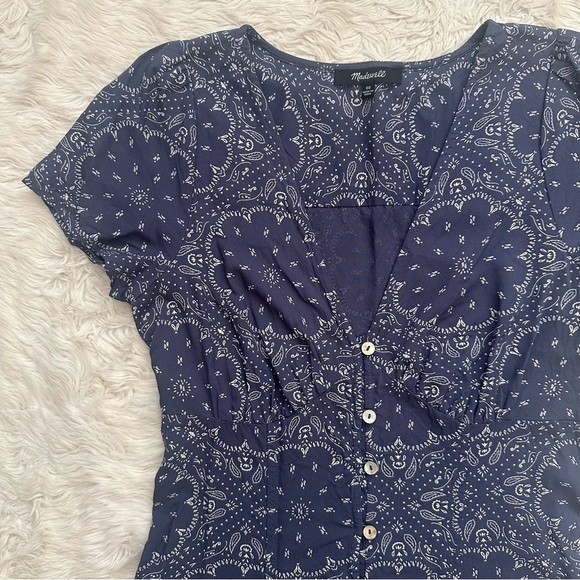 Madewell Dress Shirred Button-Front Mini Bandana Print Nighttime Blue Sz 00 - Picture 6 of 12